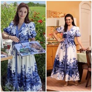 Kimberly Whitman x Antonio Melani Blue White Floral Maxi Kamilla Dress Tea Dress